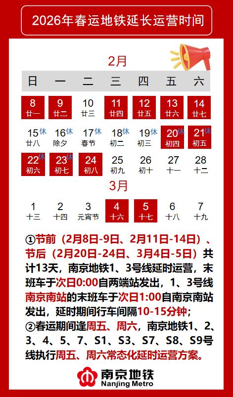 2026南京地铁春运期间运营时间调整安排