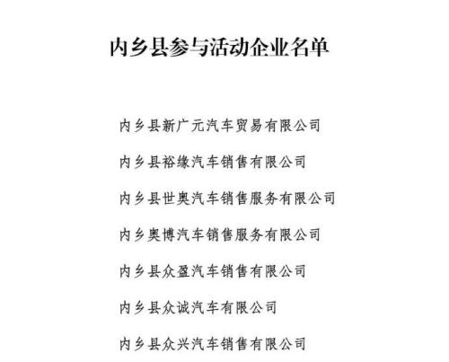 内乡县2026年一季度汽车补贴参与活动企业名单