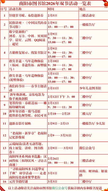 南阳市图书馆2026春节元宵节活动一览