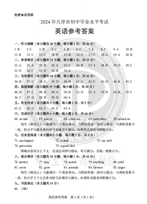 天津2024中考真题试卷及答案
