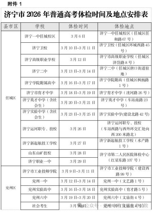 2026济宁市体检时间+地点