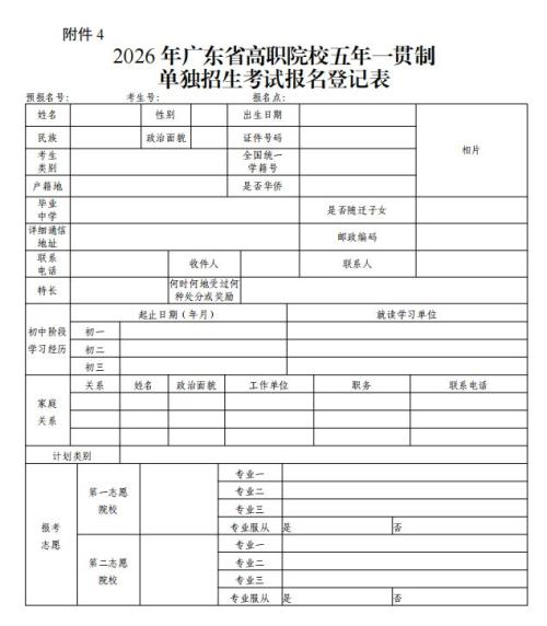 2026年广东省高职院校五年一贯制单独招生考试报名登记表