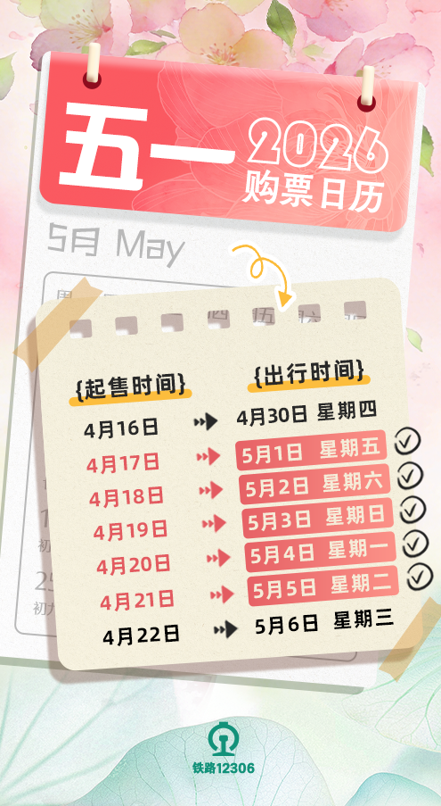 2026五一购票日历（起售时间+出行时间）